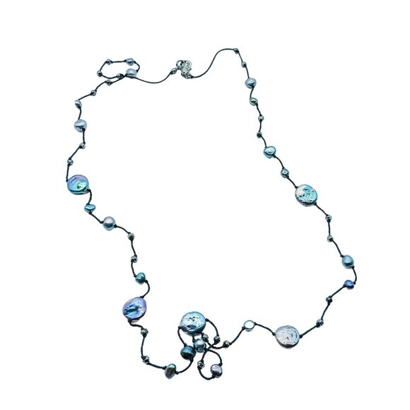 Freshwater Pearl and Black Cord Necklace with Silver Clasp, Vintage Classy J Jil - Picture 3 of 3